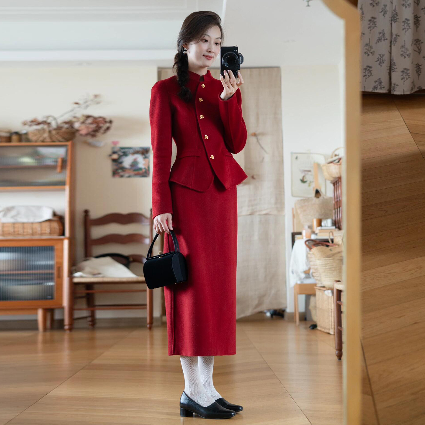新中式国风富家千金感红色小香风套装裙正式场合漂亮两件套秋冬装