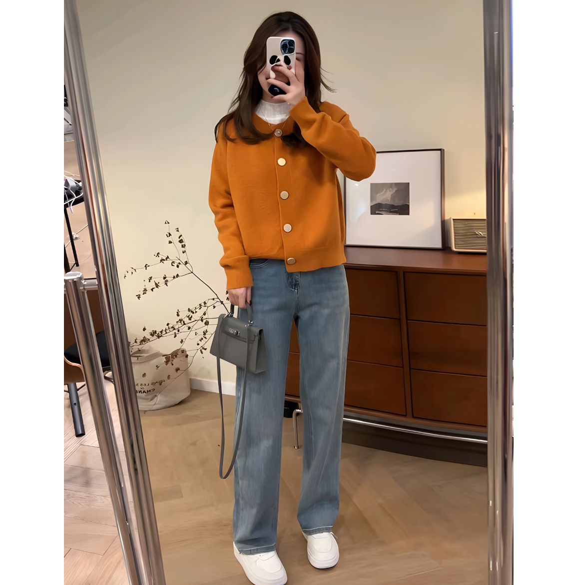 2025秋季流行穿搭一整套高级感时尚小个子橙色毛衣牛仔裤两件套女