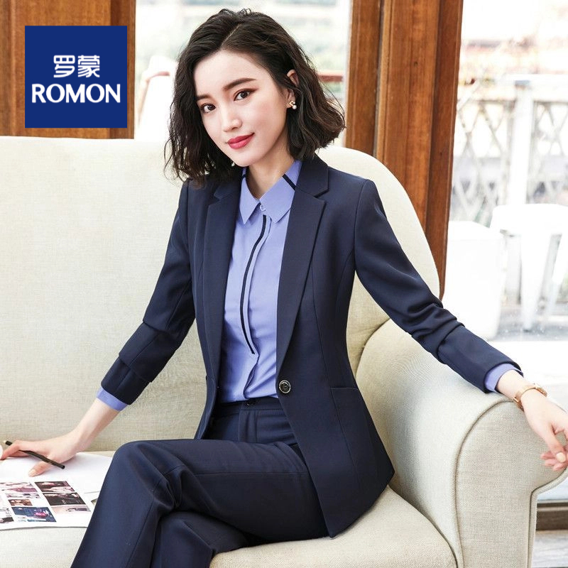 罗蒙藏蓝色职业正装两件套装春秋新款西装气质西服外套女士工作服