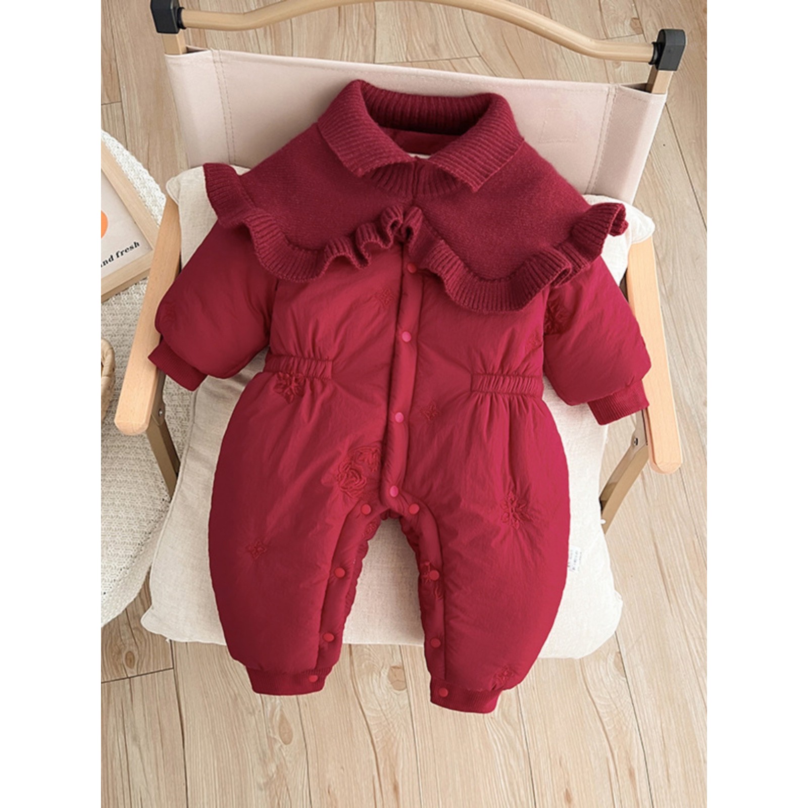 周岁礼服女宝冬季拜年服红色喜庆韩版棉服外套婴儿加绒连体衣保暖