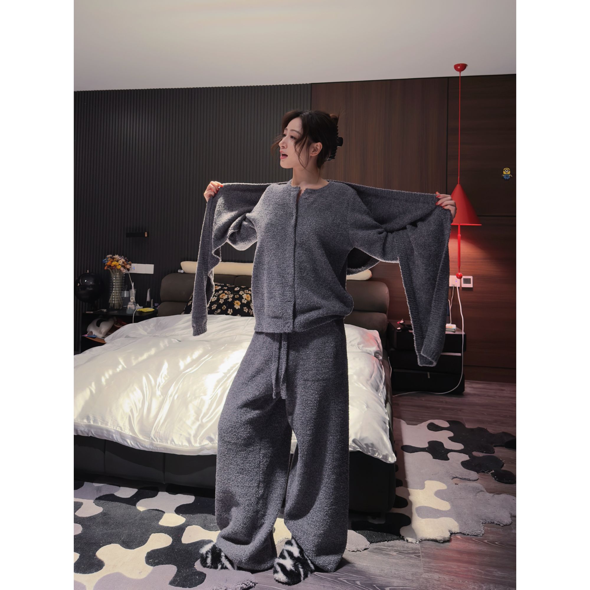 doubleoo半边绒家居服开衫宽松慵懒气质灰色可外穿睡衣软糯情侣套