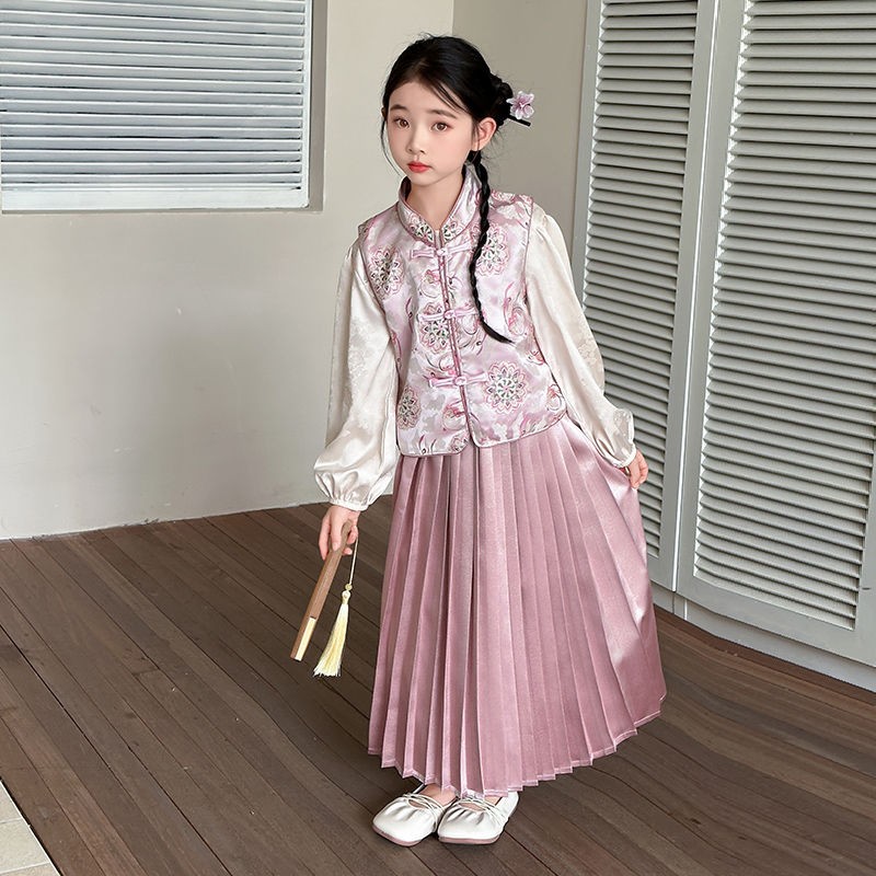 女童新款国风中式套装金丝刺绣马甲提花上衣三件套百褶裙