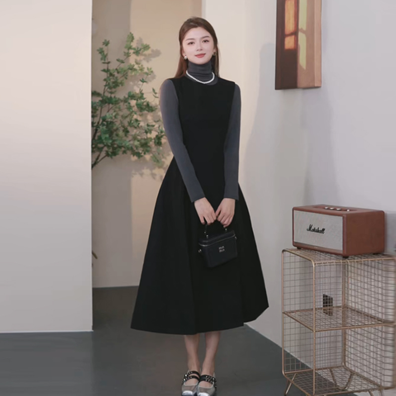 【法式优雅】赫本风两件套连衣裙2025秋冬新显瘦针织高领无袖背心裙