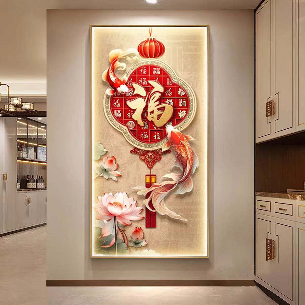 锦鲤图玄关装饰画寓意好入户正对门福字挂画新款高端走廊过道壁画