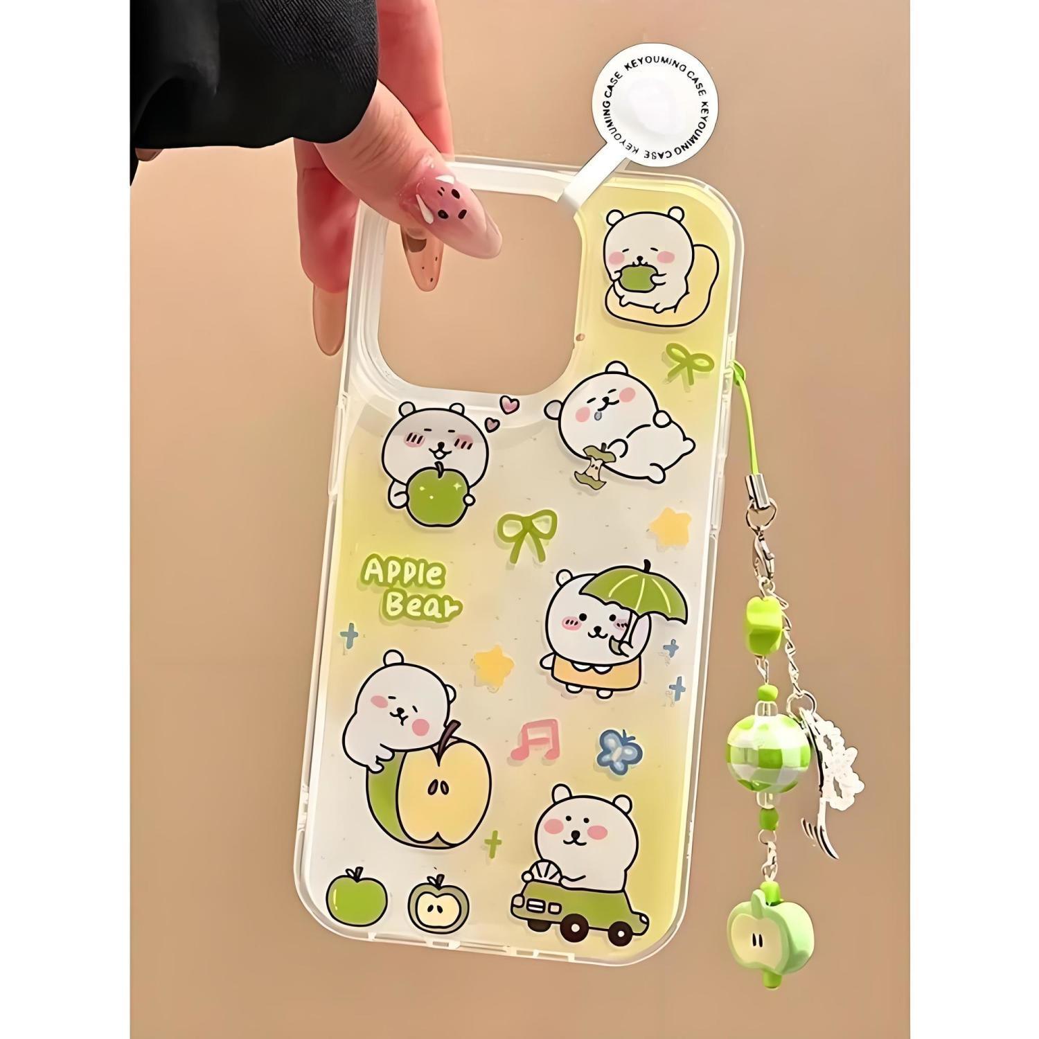 苹果/华为/小米/OPPO/VIVO个性ins青苹果自嘲熊手链IMD大孔手机壳