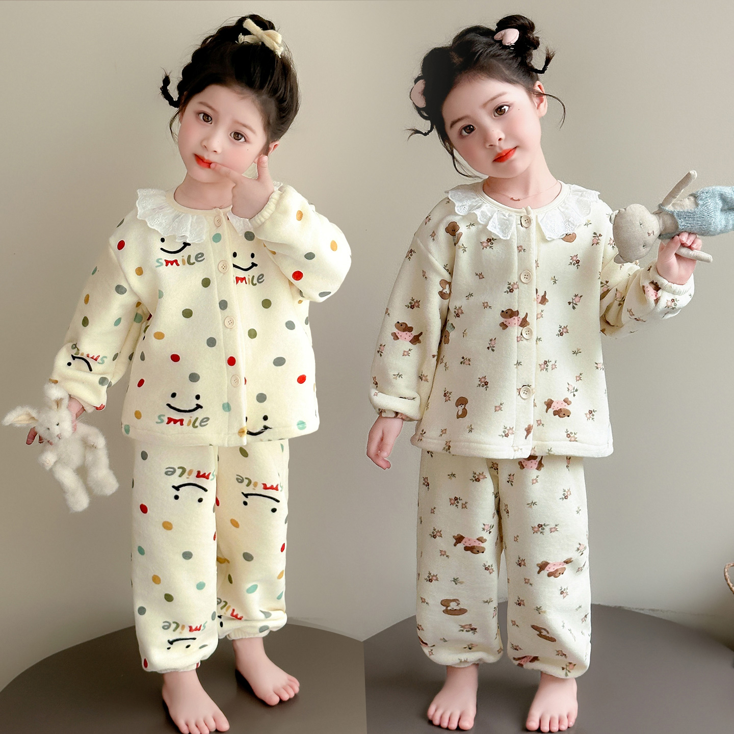 女童睡衣珊瑚绒秋冬季2025新款奥粒绒女孩花边套装薄绒儿童家居服