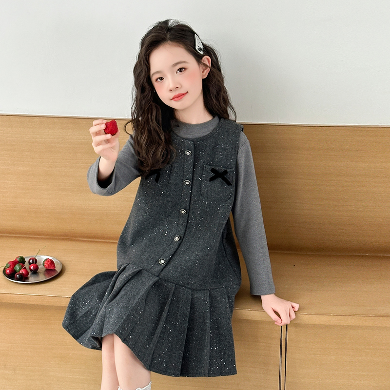 女童春秋季连衣裙2025新款大儿童秋装洋气时髦毛呢背心裙套装裙子