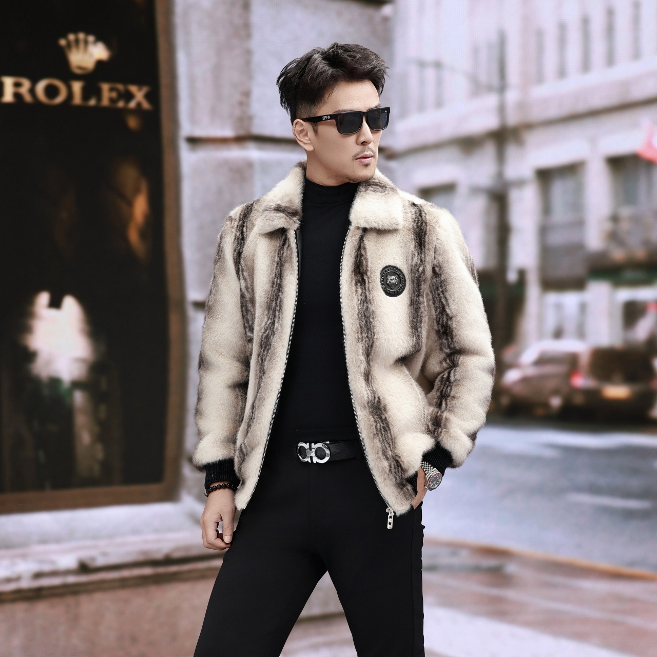 新款虎纹貂男士外套仿貂秋冬季加绒加厚