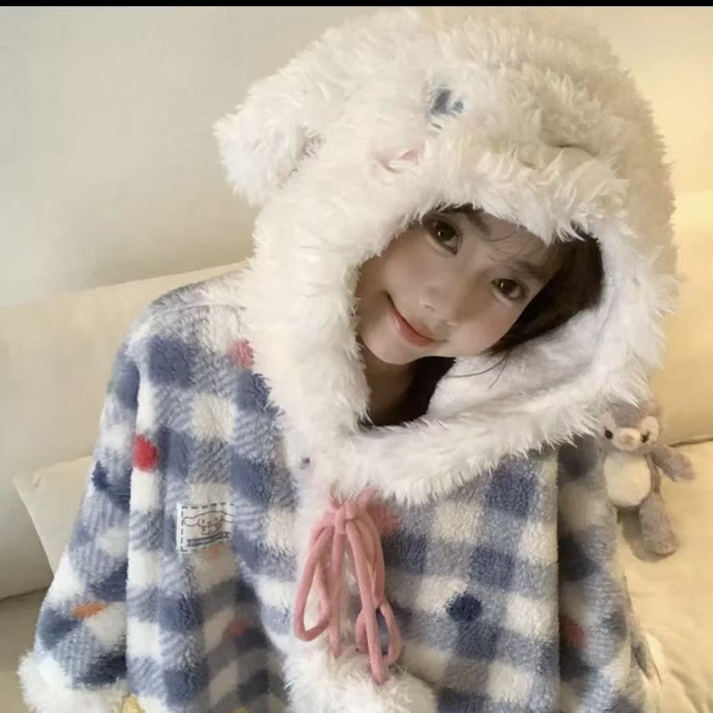 格子蓝披风大码250斤睡衣女舒适休闲家居服