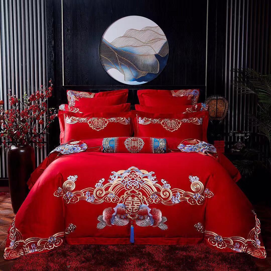 水星高端系列家纺新品婚庆四件套全棉刺绣鸳鸯戏水结婚四件套床上