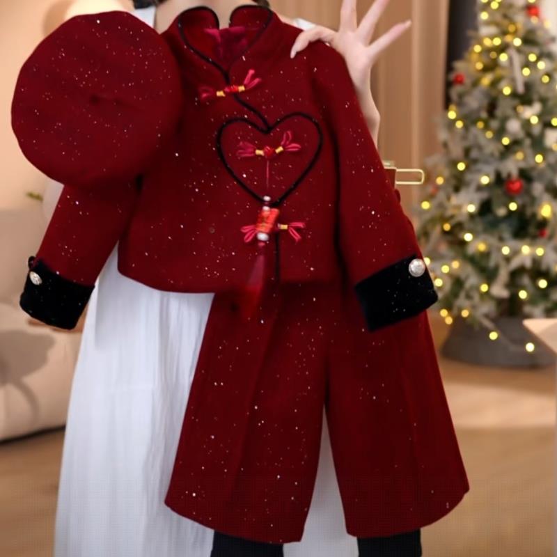 女童套装夹加厚冬装年服红色女宝宝拜年服2025新款中大童三件套
