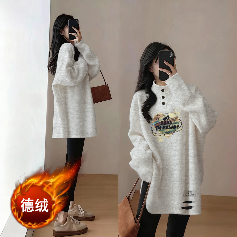 秋冬新款半高领德绒保暖打底衫中长款破洞下摆显瘦潮流T恤女装