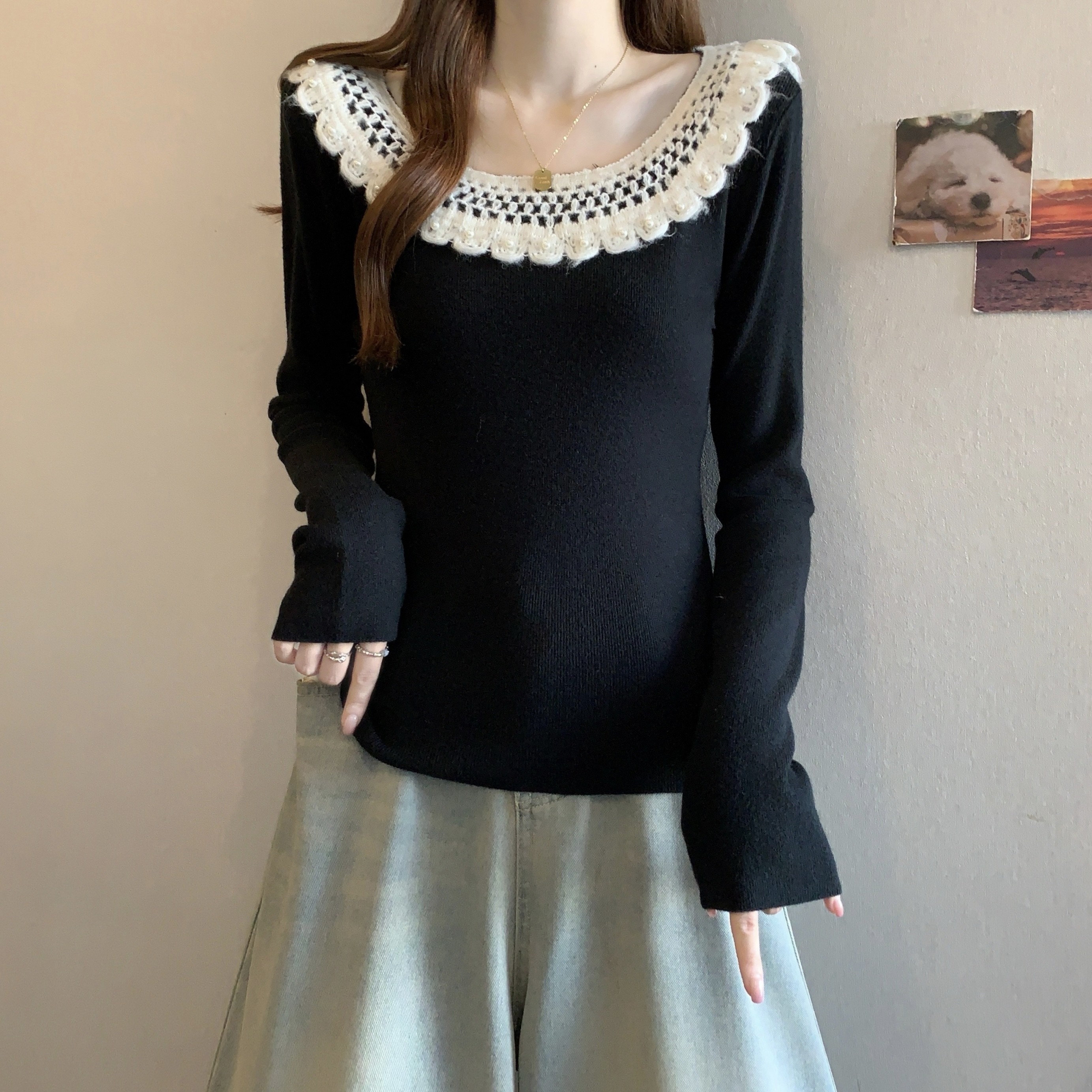 蕾丝拼接撞色长袖针织衫秋冬2025新款大码女装胖mm打底衫毛衣上衣