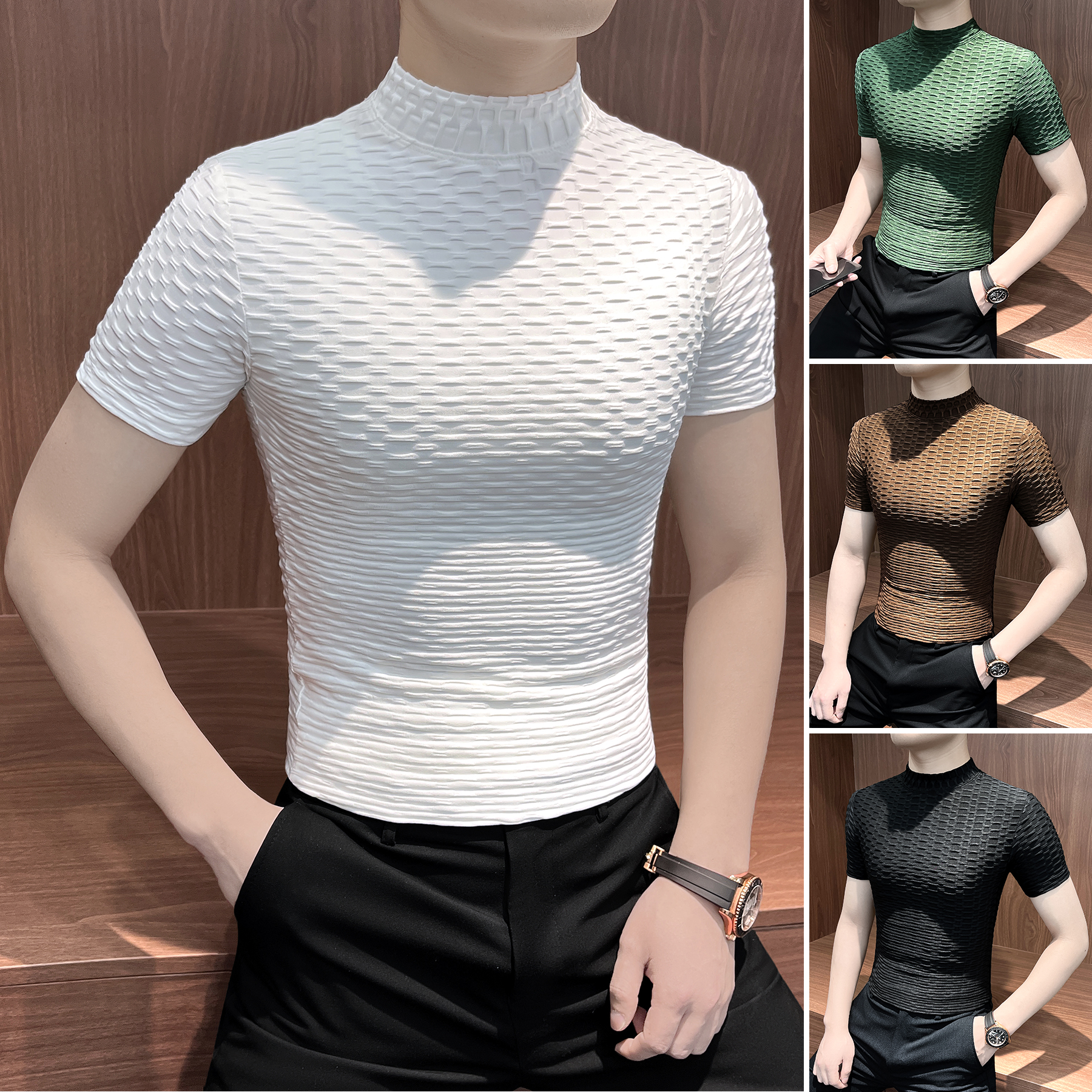 格纹提花男士短袖t恤秋冬半高领英伦痞帅网红洋气炸街男装打底衫