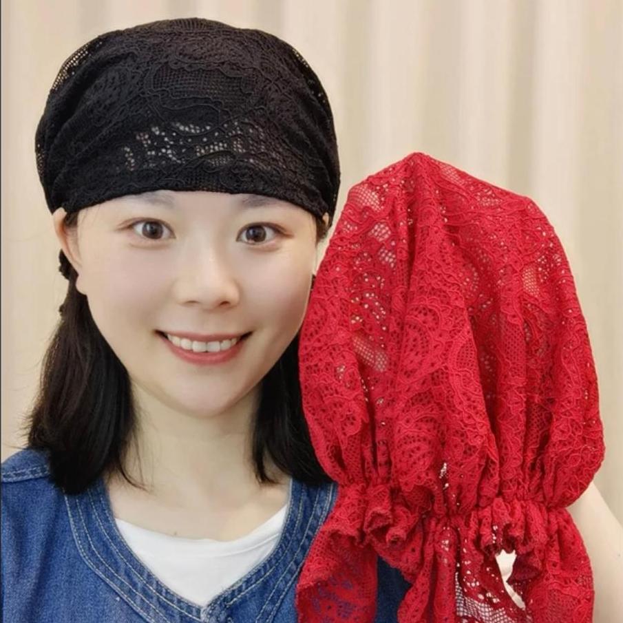 春夏新款软蕾丝包头帽女时尚透气镂空帽飘带洋气白发妈妈帽头巾帽