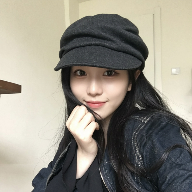 日系山本风黑色褶皱贝雷帽女秋冬季显脸小马术帽复古云朵八角帽子