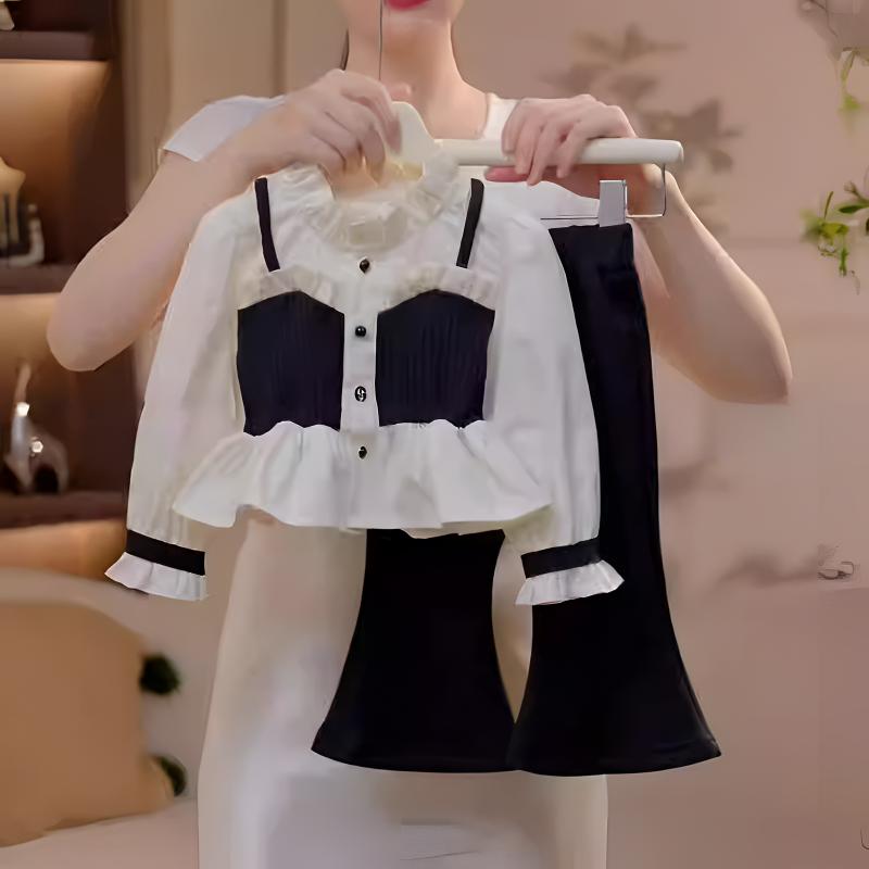 女童套装2025秋季新款洋气赫本风女宝假两件衬衣喇叭裤两件套童装