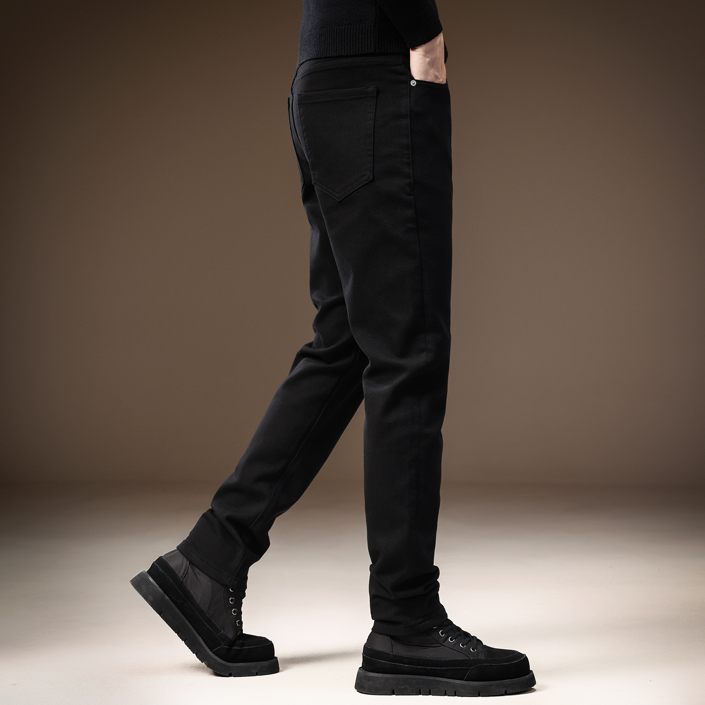 高端品质黑色简约牛仔裤男韩版潮牌秋冬加绒修身小脚弹力休闲长裤