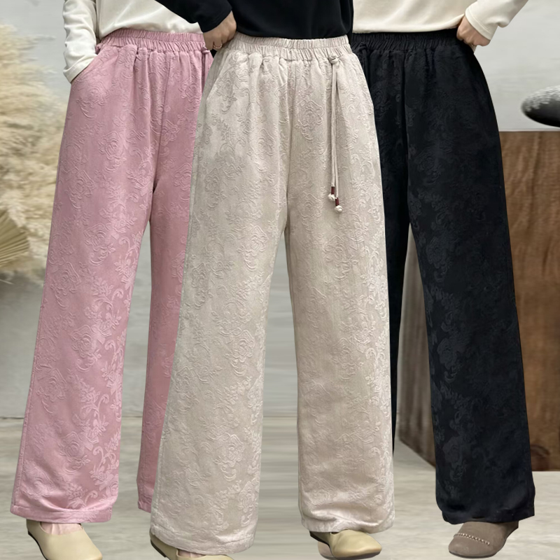 冬季缎面外穿棉裤提花中腰高腰阔腿裤冬装裤子长裤垂感微弹运动裤