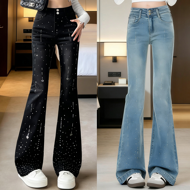 雅鹿黑色烫钻喇叭裤女秋冬新款高腰加绒修身带钻微喇牛仔裤长裤