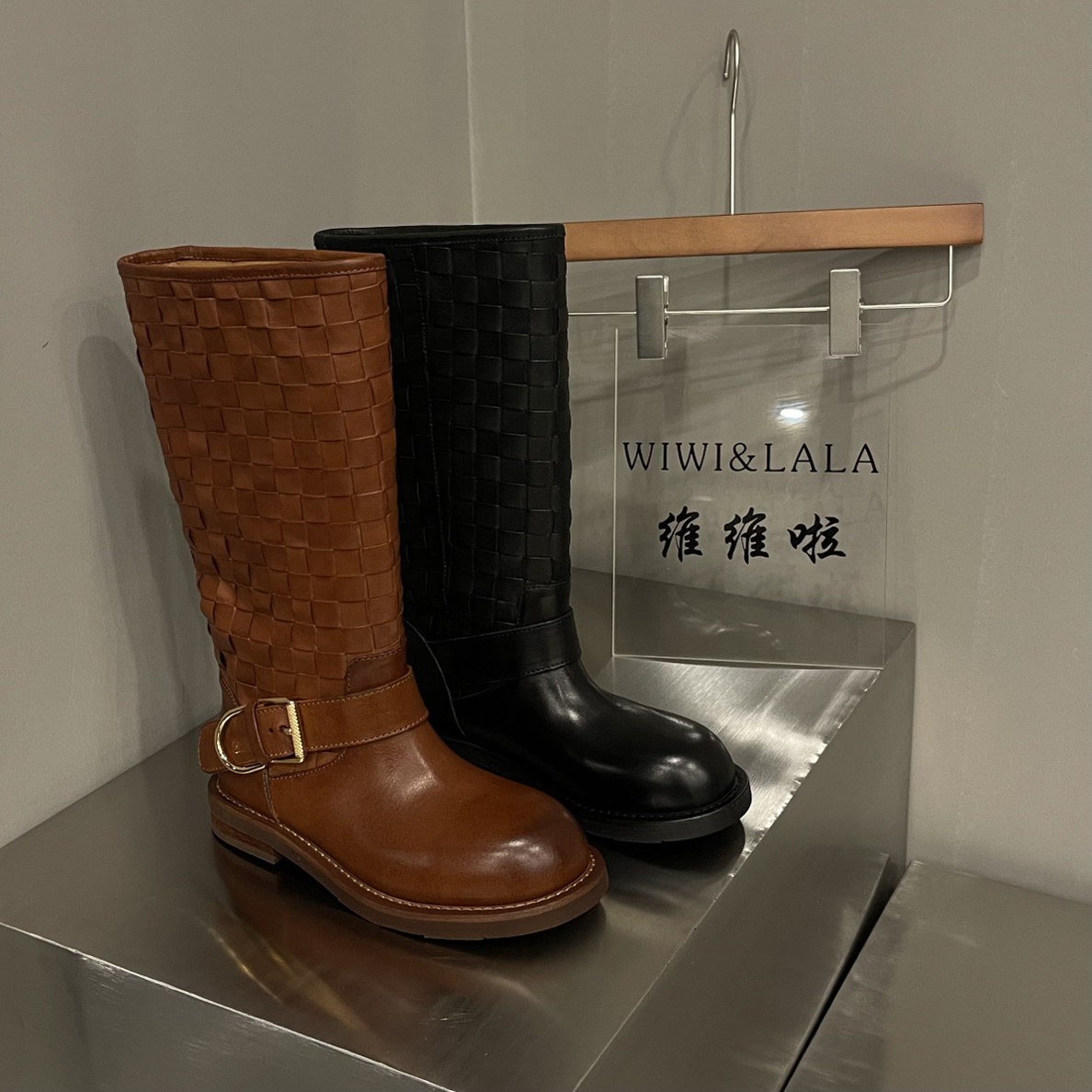 【维维啦】AW25秋款水洗牛皮棱格纹编织高靴2562-5