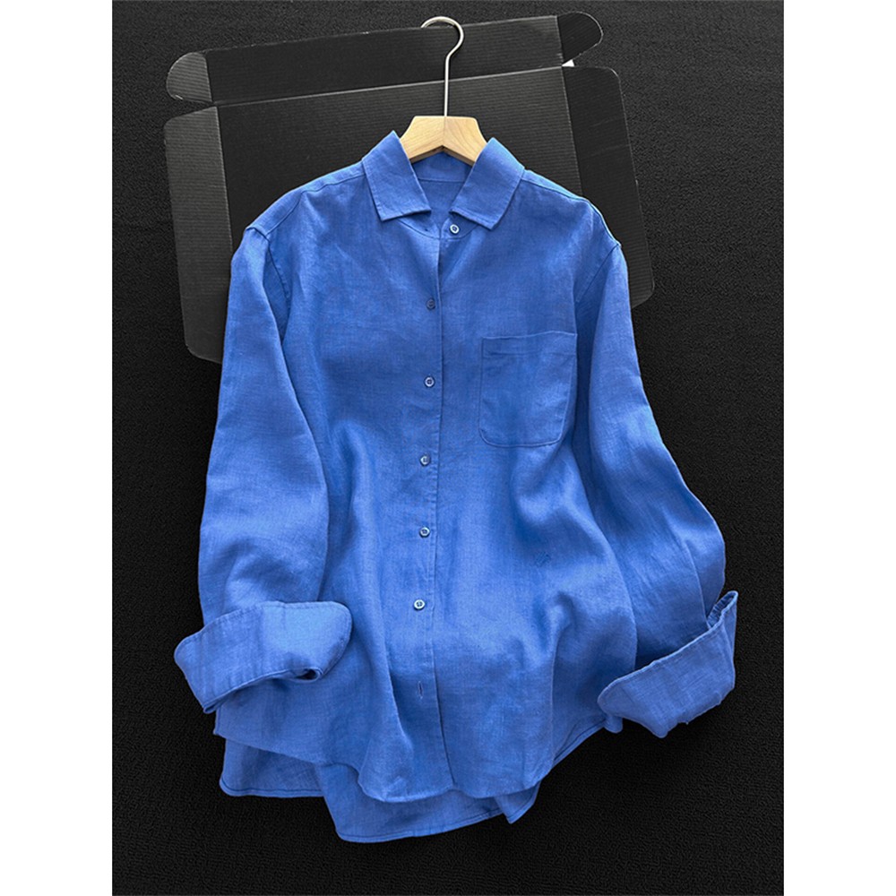 克莱因蓝棉麻亚麻衬衫男夏季薄款衬衣宽松慵懒垂感高级感外套