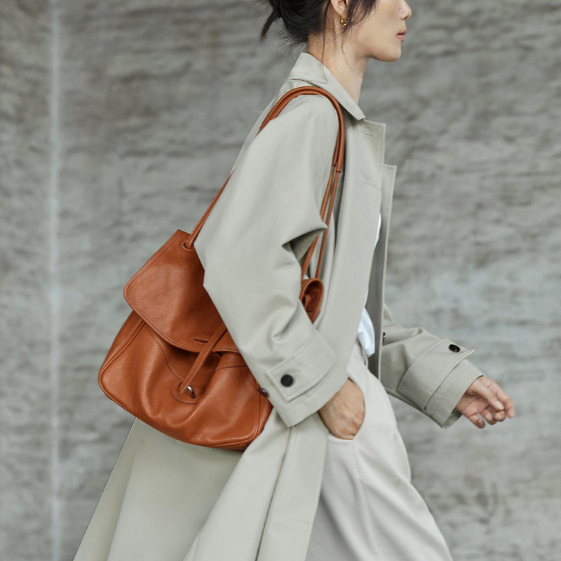 【明星同款】牛皮包包小众复古斜挎托特通百复古法式植鞣牛皮托特包