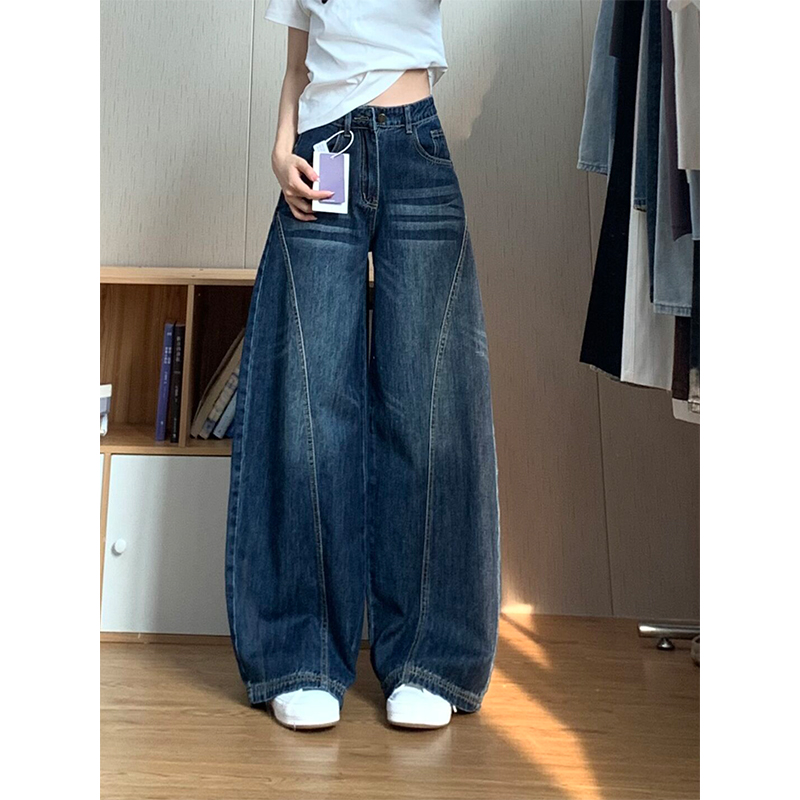 小个子美式高街复古弯刀牛仔裤女夏季新款立体裁剪廓形水洗直筒裤