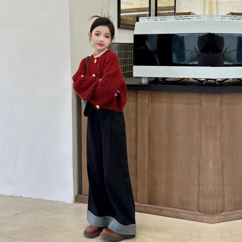 女童毛衣外套秋冬2025新款女孩洋气红色针织儿童秋装开衫上衣深秋