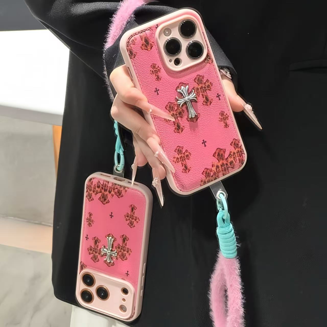 十字豹纹克罗心适用苹果17手机壳iPhone16手绳华为vivo小米14oppo