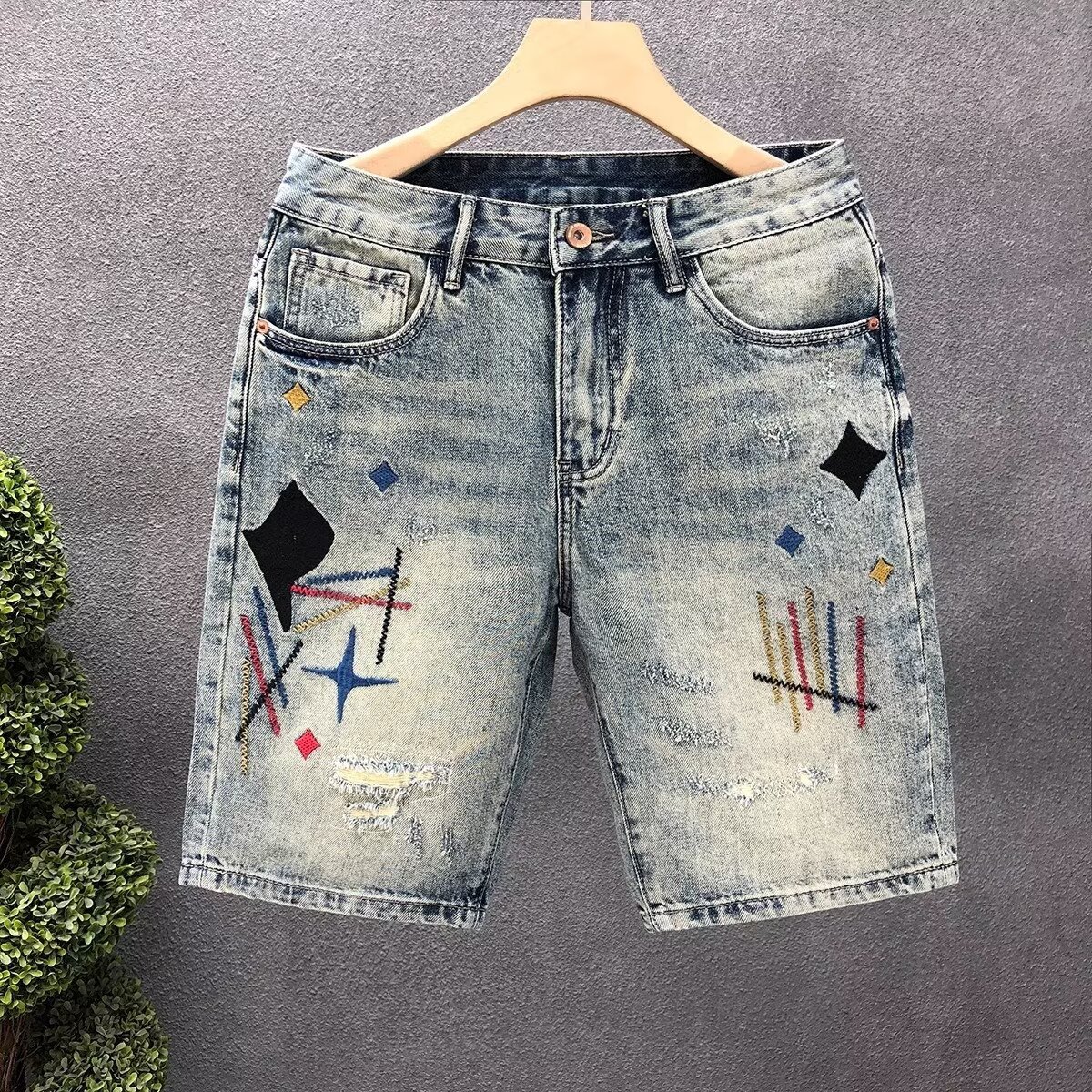夏季刺绣牛仔短裤男士潮牌痞帅直筒宽松中裤潮流百搭五分裤男