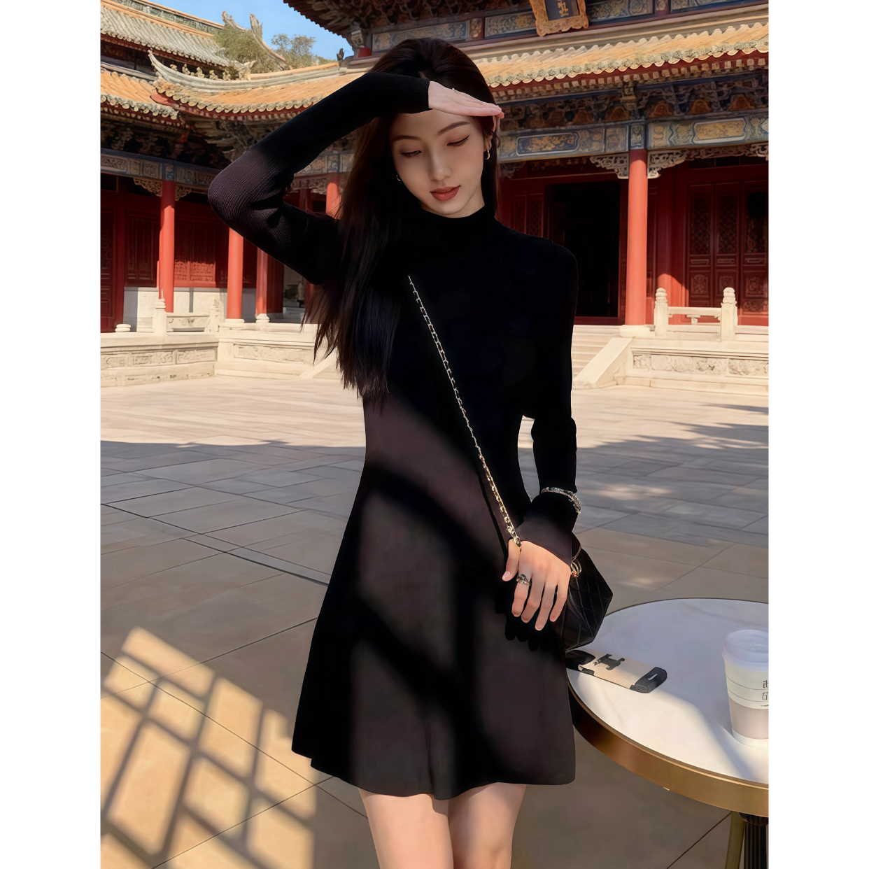 时尚减龄显瘦连衣裙秋冬新款黑色长袖气质性感百搭A子打底裙女装