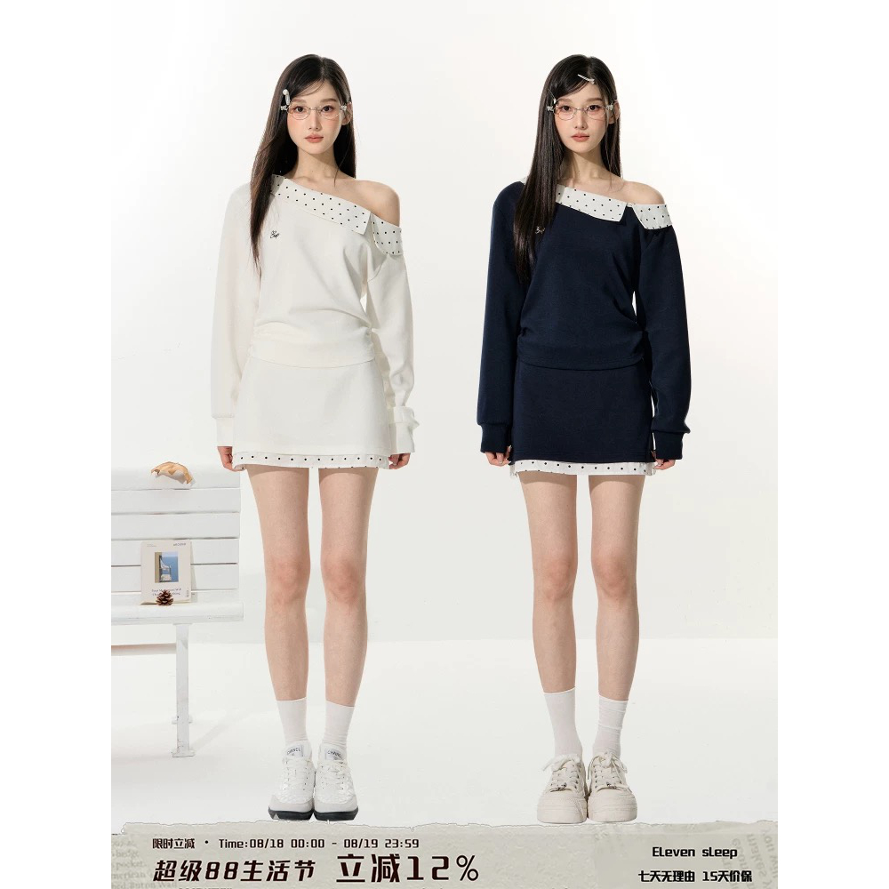 ELEVEN SLEEP秋季斜肩长袖t恤女波点拼接设计感露肩温柔韩系上衣