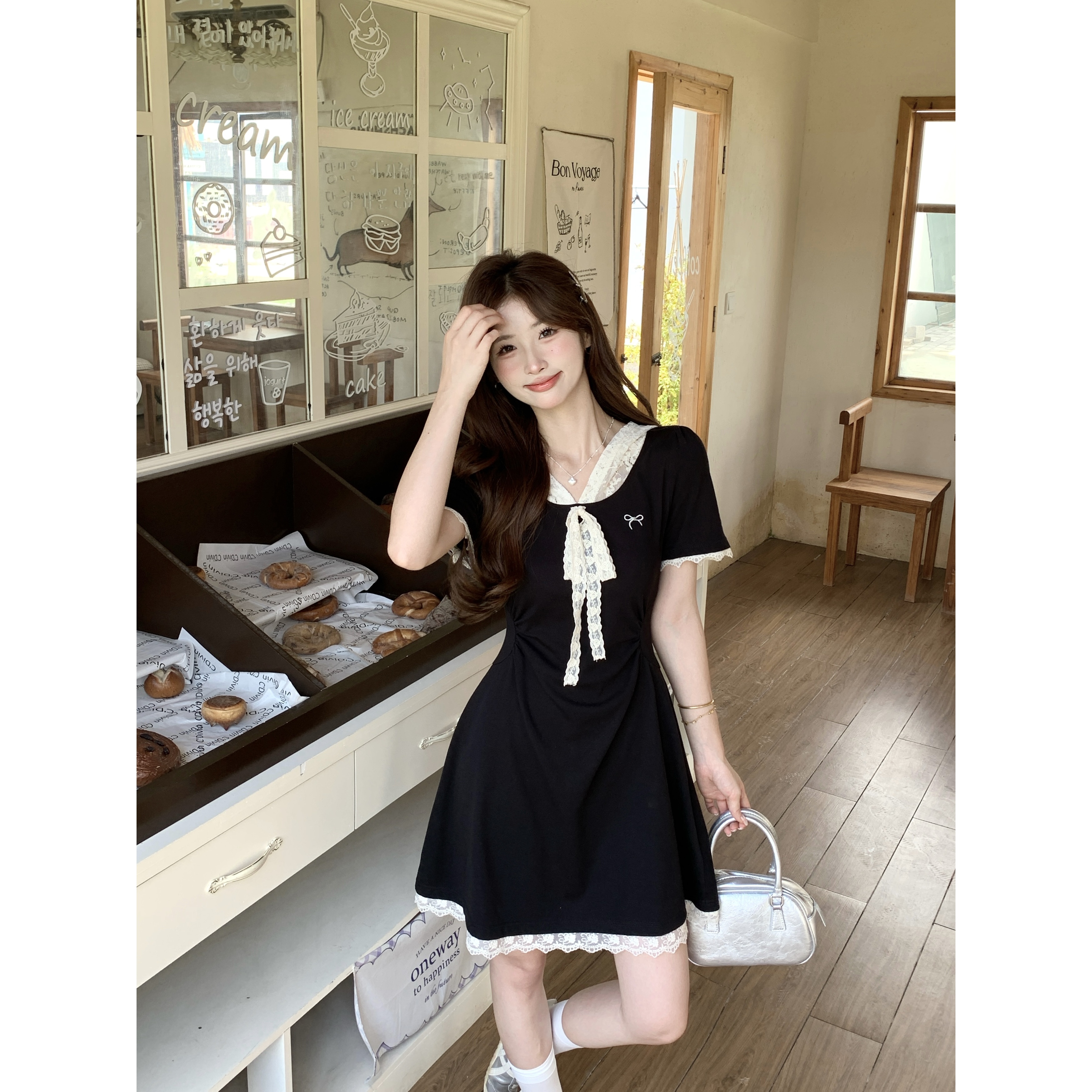 2025夏季新款大码女蕾丝拼接蝴蝶结连衣裙法式温柔风裙子80157