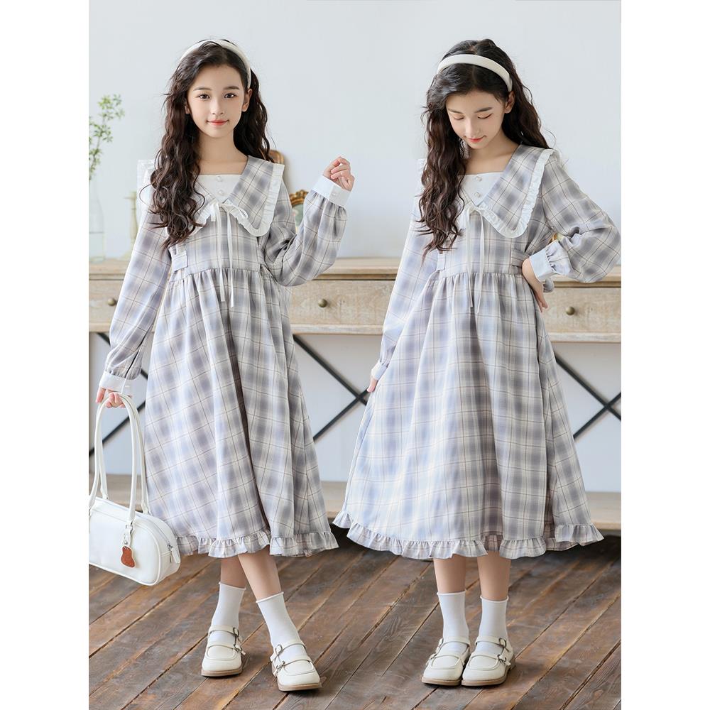 FAVMARTHA中大女孩格纹长袖连衣裙2025新款休闲公主裙女孩时尚春
