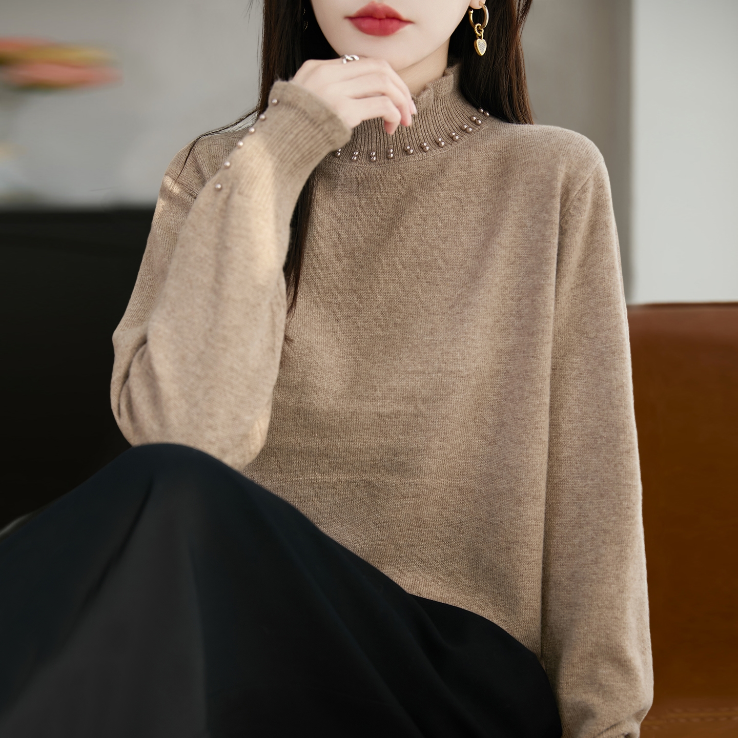 拉夏贝尔钉珠减龄针织打底衫女2025新款洋气大码减龄上衣秋冬毛衣