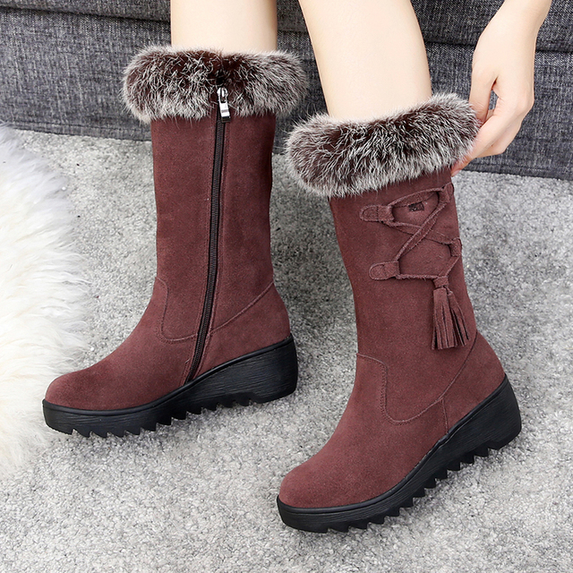 雪地靴女坡跟软底2025新款冬季真皮中筒靴子加绒加厚保暖棉靴爆款