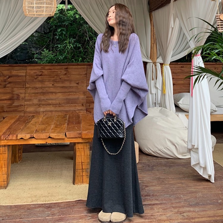 韩剧女主高级松弛感穿搭一整套慵懒风紫色斗篷毛衣半身裙两件套装