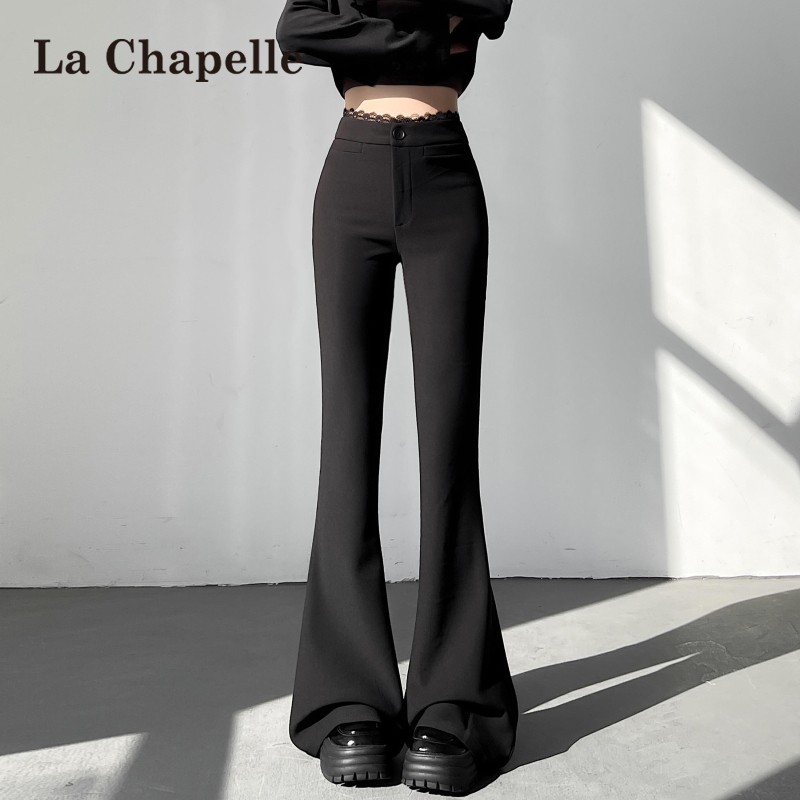 拉夏贝尔黑色西装微喇裤女2025新款秋冬蕾丝边高腰显瘦马蹄喇叭裤