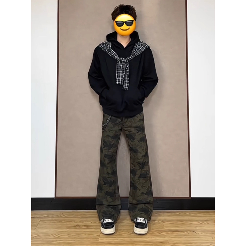 美式hiphop迷彩牛仔裤男款春秋季宽松休闲裤子高街vibe弯刀直筒裤