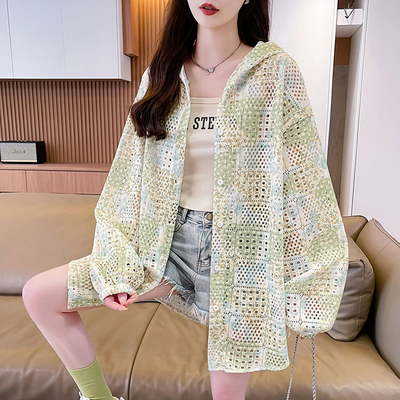 花色镂空轻薄外套少女夏季2025新款初高中学生宽松连帽防晒衣罩衫