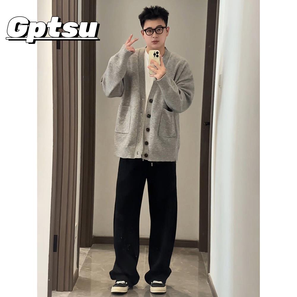 GPTSu干净合身灰色V领开襟针织衫男秋季慵懒风格宽松休闲针织夹克