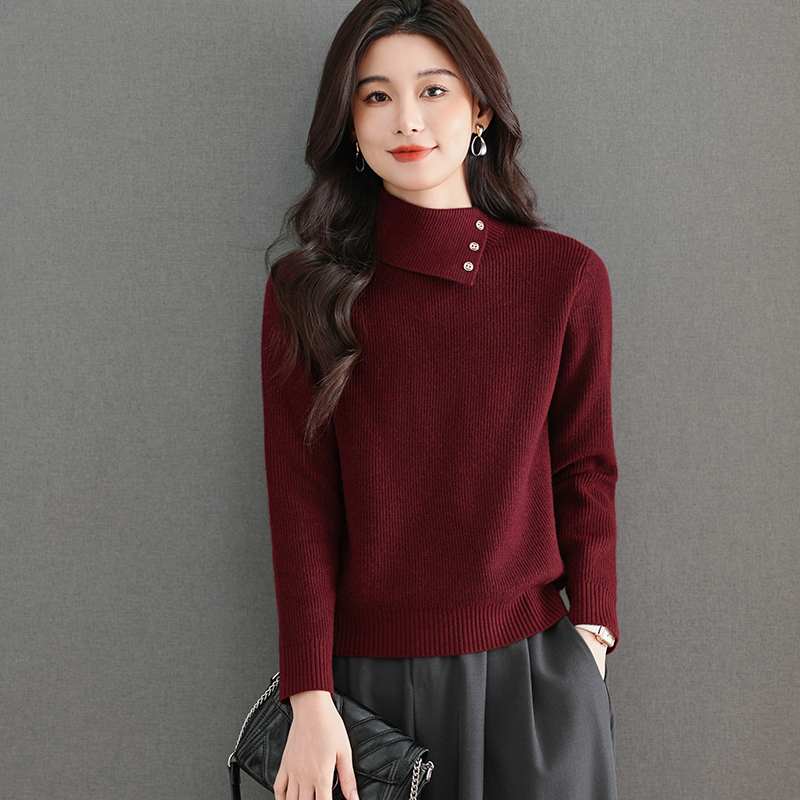品牌女装高端时尚毛衣女秋冬个性翻领针织衫内搭大码宽松打底衫潮