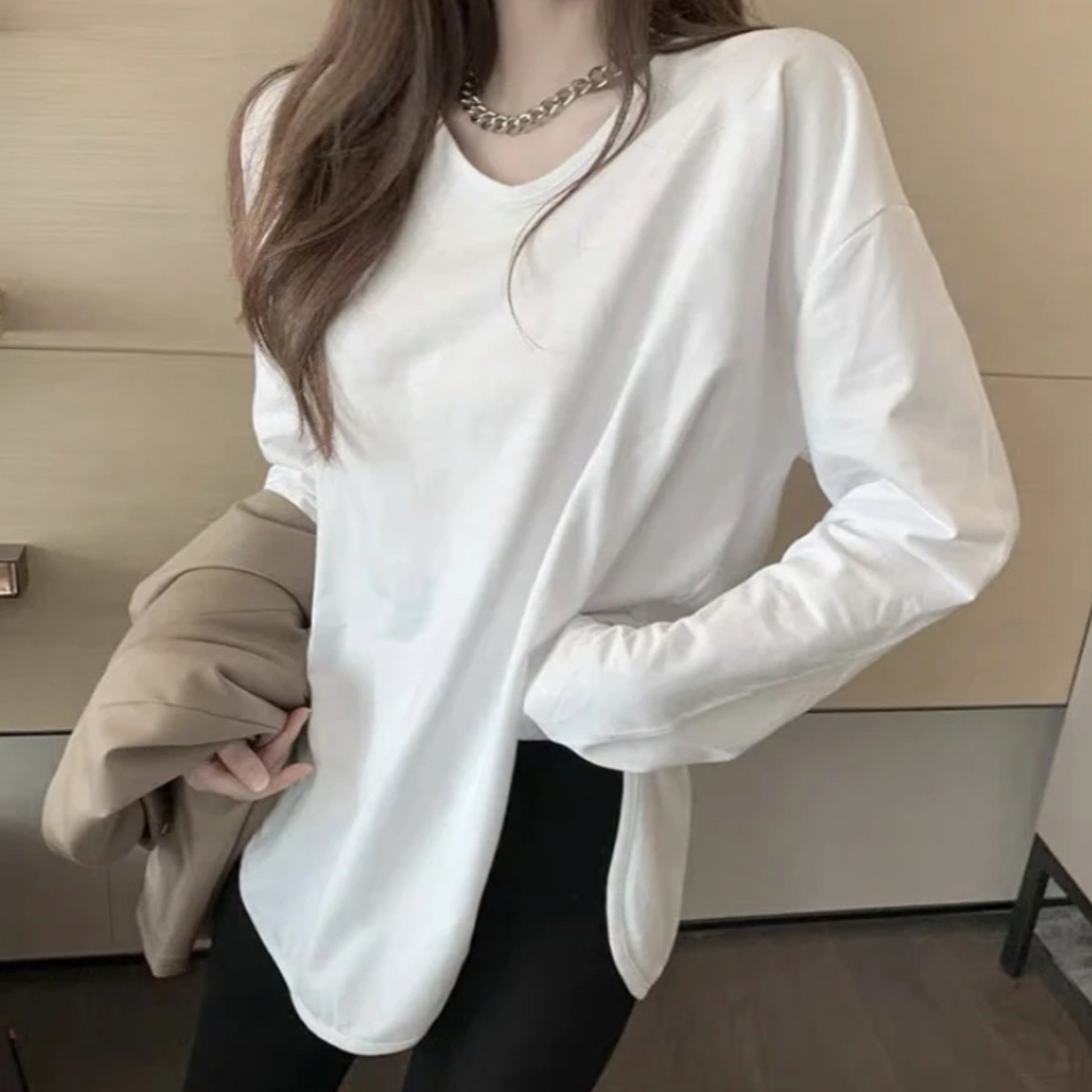 2025新款韩版宽松锁骨时尚休闲百搭外穿内搭白色打底衫加长款T恤