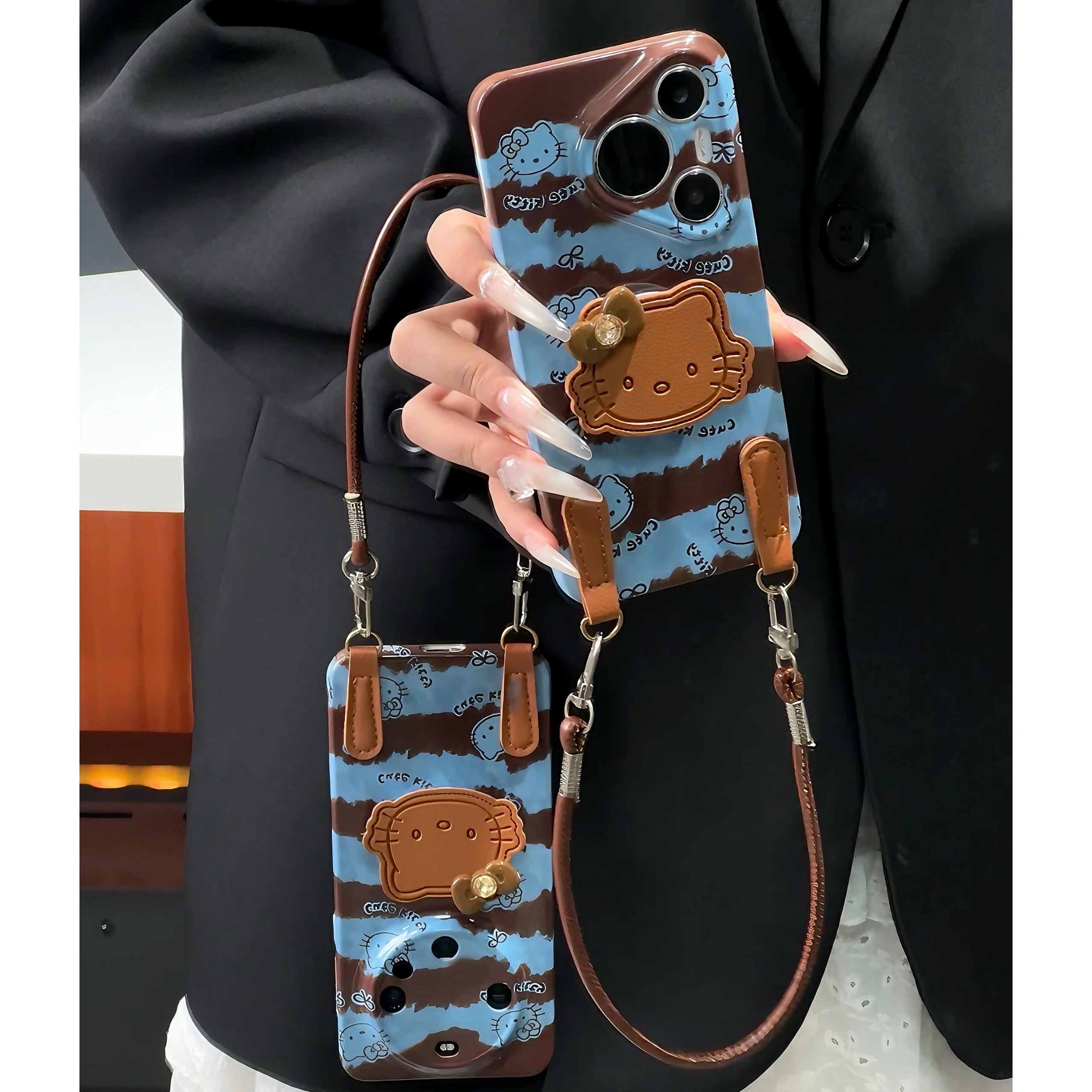 雅天立复古条纹KT支架适用苹果17手机壳15/13华为P70vivoppo小米