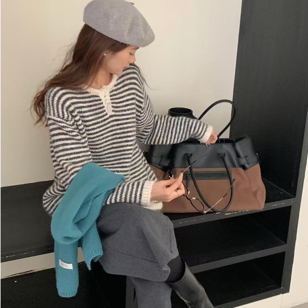 剪刀领条纹马海长毛套头毛衣韩版慵懒风宽松百搭休闲时尚针织