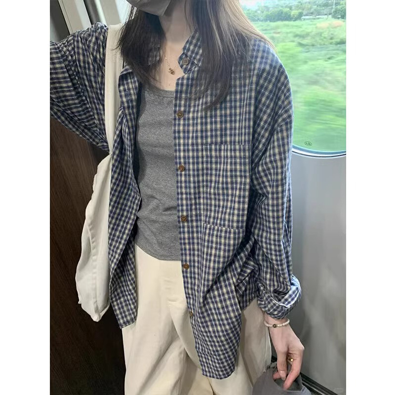 美式复古蓝白格子衬衫男夏季薄款cleanfit衬衣慵懒风正肩寸衫外套