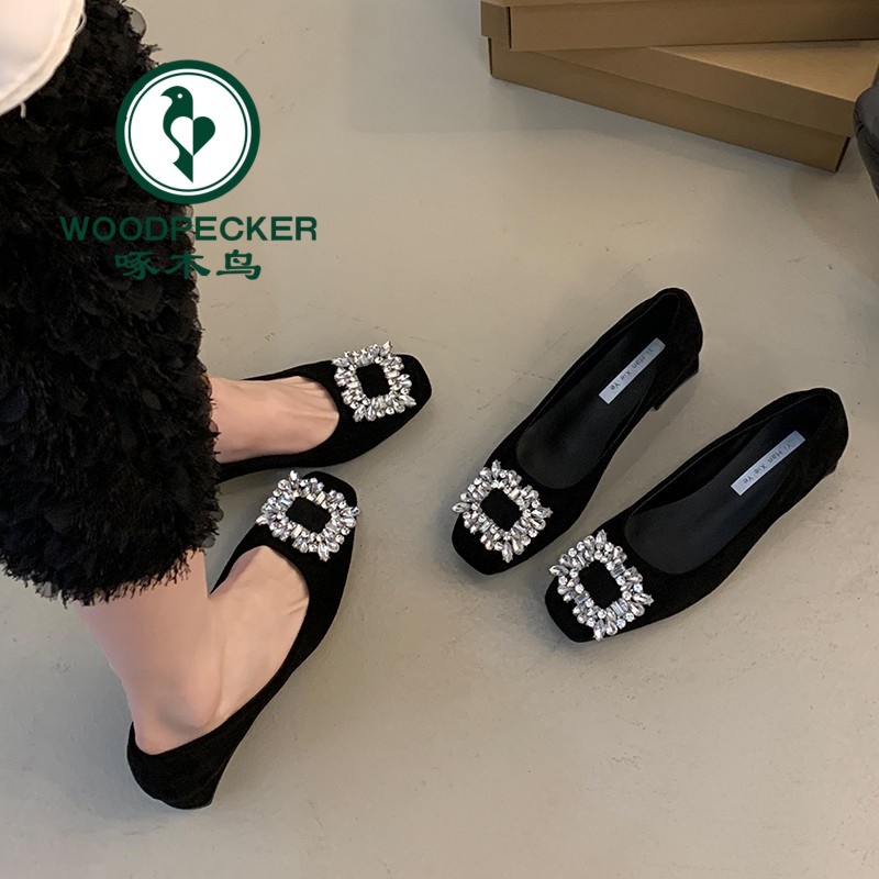 啄木鸟粗跟方头水钻高级感单鞋女鞋子2025新款春季高跟气质通勤鞋