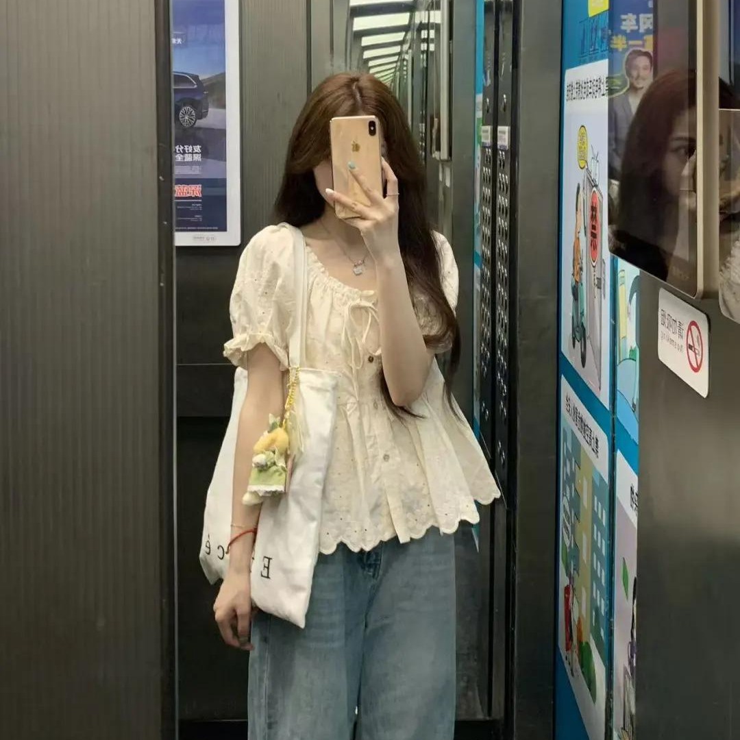 2025夏季新款韩系收腰显瘦雪纺衫上衣设计感甜美蕾丝边短袖衬衫女