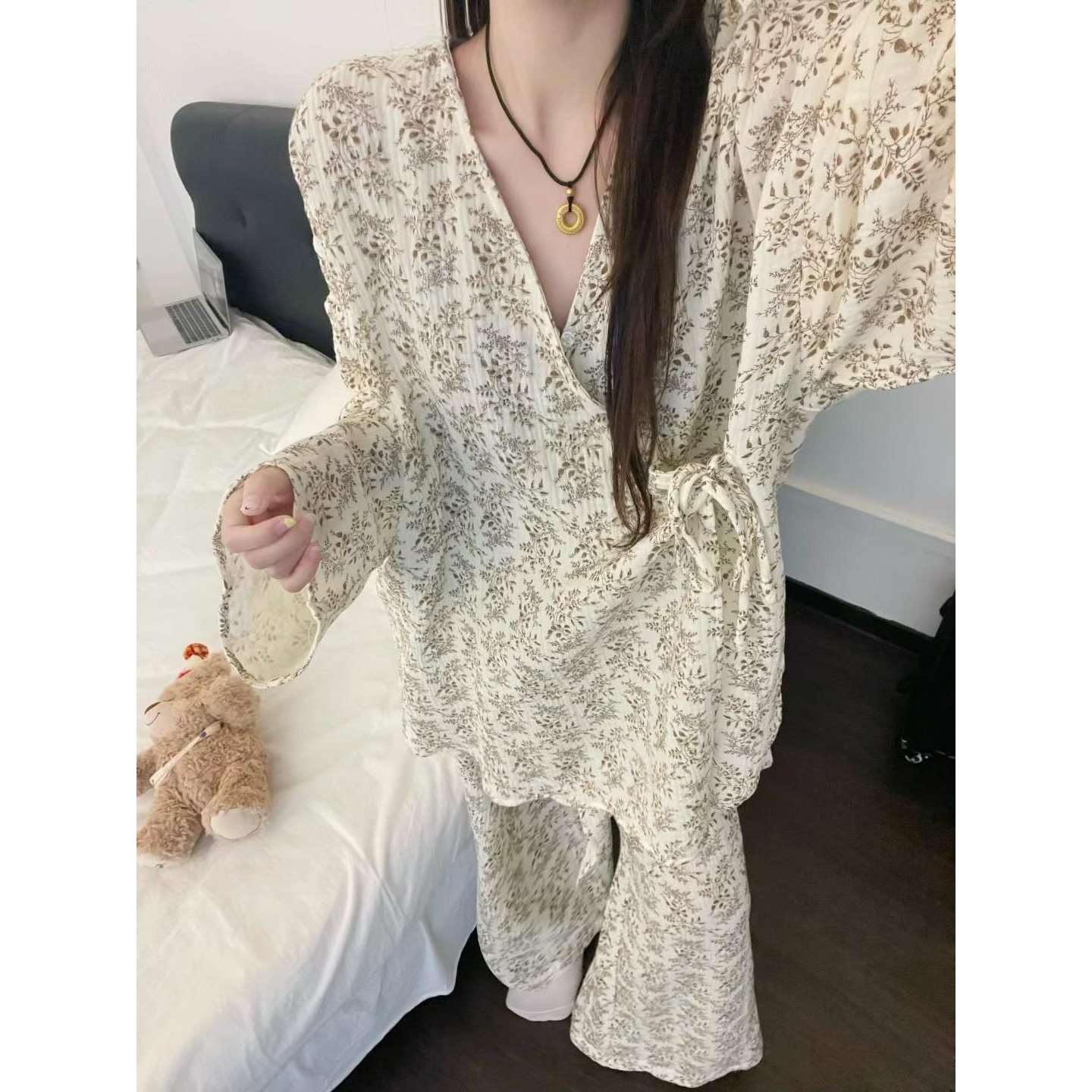 法式慵懒风碎花棉纱长袖睡衣女春秋款2025新款大码长裤家居服套装